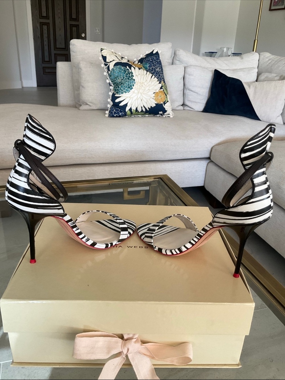 Sophia Webster Nicole black/white stripe red trim double ankle strap heels, 38.5 - Picture 6 of 13